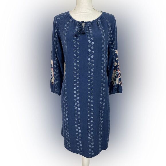 J Jill Dress Women’s S Blue Embroidered Floral Balloon Sleeve Tassel Boho Chic - Picture 1 of 11